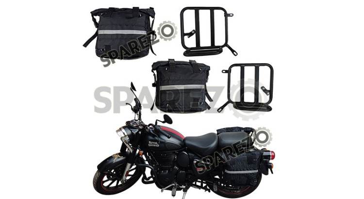 Royal Enfield New Classic Reborn 350 Canvas Saddle Black Bags With Mounting Pair - SPAREZO