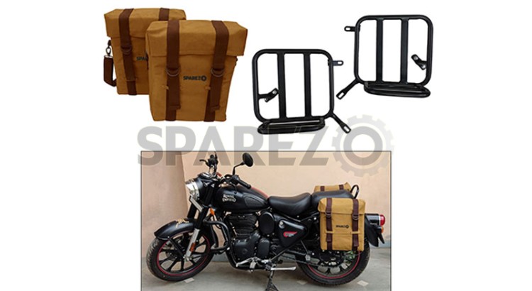Royal Enfield New Classic Reborn 350cc Military Pannier Desert Color Bags With Fitting - SPAREZO