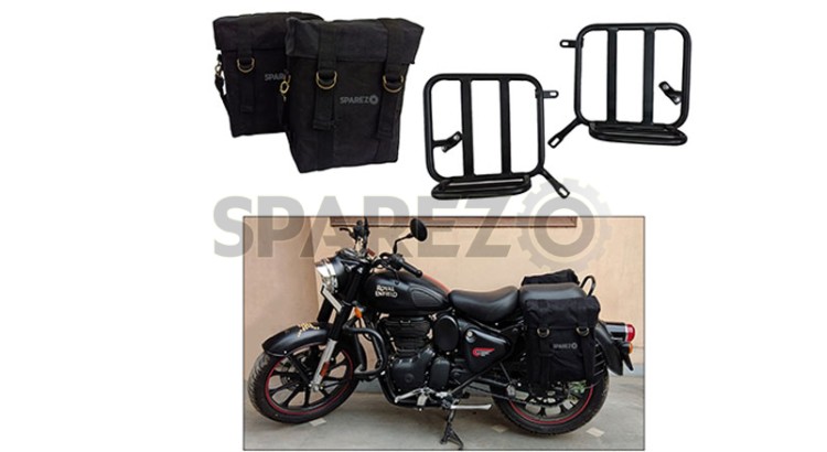 Royal Enfield New Classic Reborn 350cc Military Pannier Black Color Bags With Fitting - SPAREZO