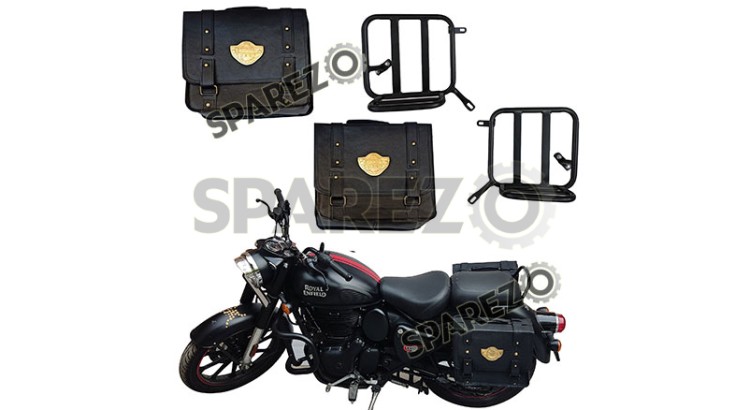 Royal Enfield New Classic Reborn 350cc Black Saddle Leather Bag Pair with Rails - SPAREZO
