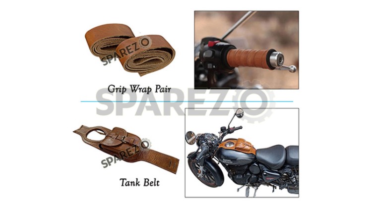 Royal Enfield Classic Reborn 350cc Accessories Grip Wrap Pair and Tank Belt Brown - SPAREZO