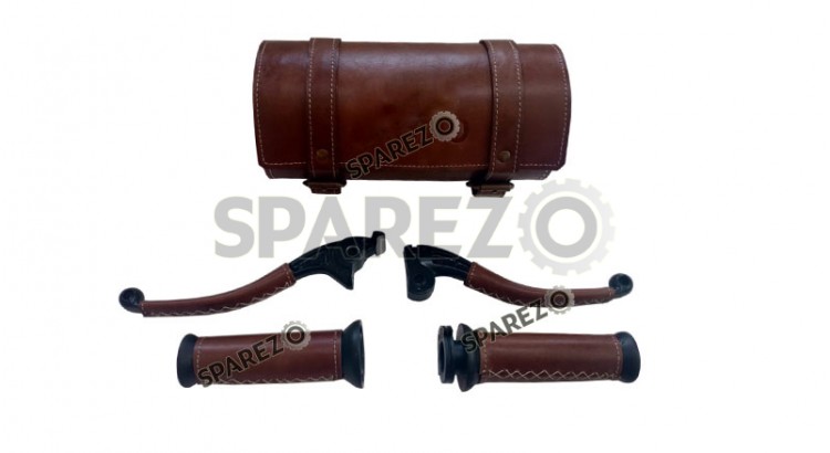 Royal Enfield Classic Reborn and Meteor 350cc Leather Covering Levers Grips With Tool Bag - SPAREZO