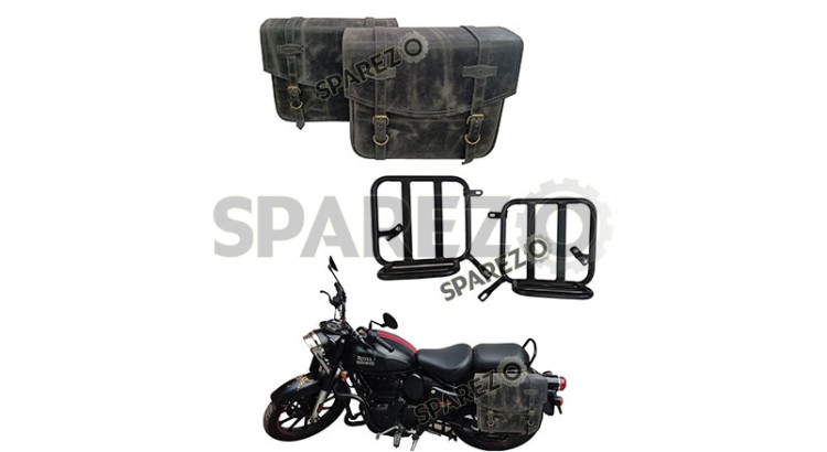 Royal Enfield Classic Reborn 350 Grey Black Leather Bags with Mounting Pair - SPAREZO