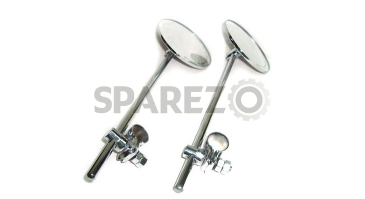 Chrome Handlebar Clamps On Round Side Mirror Set New - SPAREZO