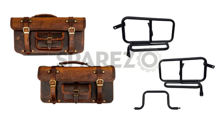 Royal Enfield Pannier Rails and Leather Bags Pair Brown Tan For Interceptor 650 - SPAREZO