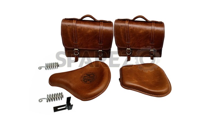 Royal Enfield Classic 500cc 350cc Brown Tan Front and Rear Leather Seats with Bags - SPAREZO