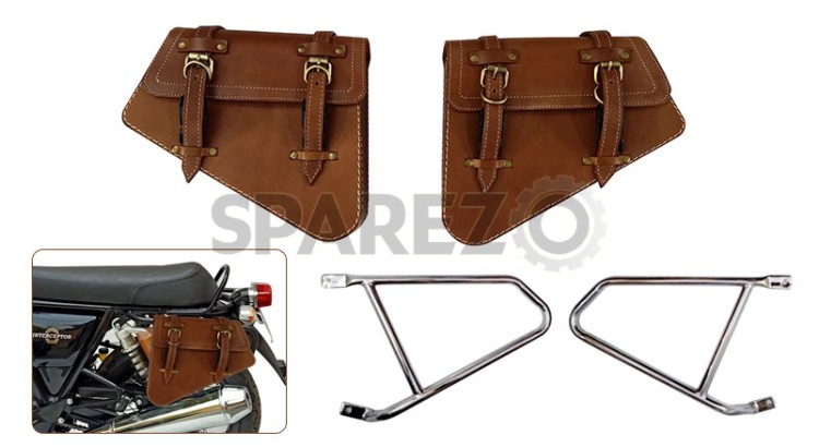 Royal Enfield GT and Interceptor 650 Pannier Bags Tan Color With Chrome Mounting - SPAREZO