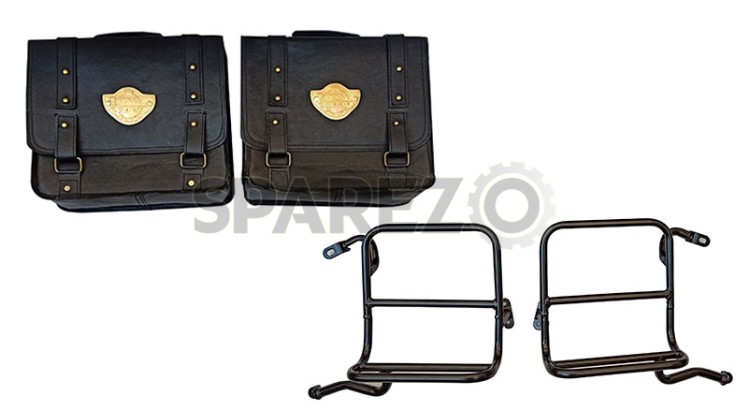 Royal Enfield Classic 350cc 500cc Pair of Saddle Bag Black Leather with Rails - SPAREZO