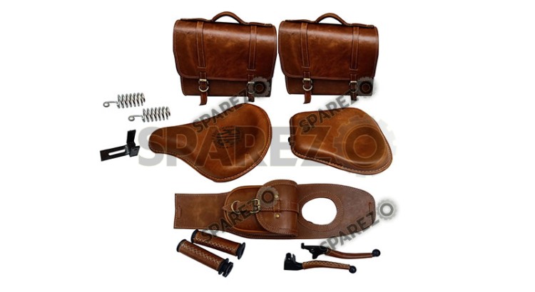 Royal Enfield Classic 500cc 350cc Front and Rear Leather Seat with Bags Belt Grip Lever - SPAREZO