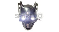 Universal Chopper Bobberr Skull Headlight With White Light in Eyes and Brackets - SPAREZO