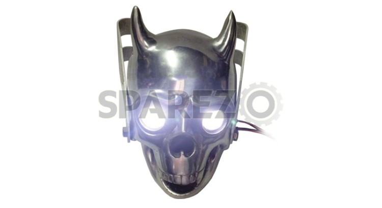 Universal Chopper Bobberr Skull Headlight With White Light in Eyes and Brackets - SPAREZO