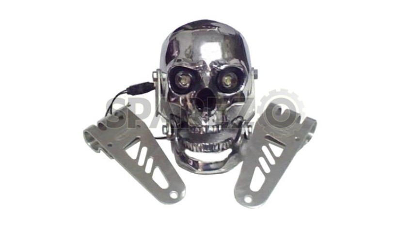 Universal Chopper Bobberr Skull Headlight With White Light in Eyes and Brackets