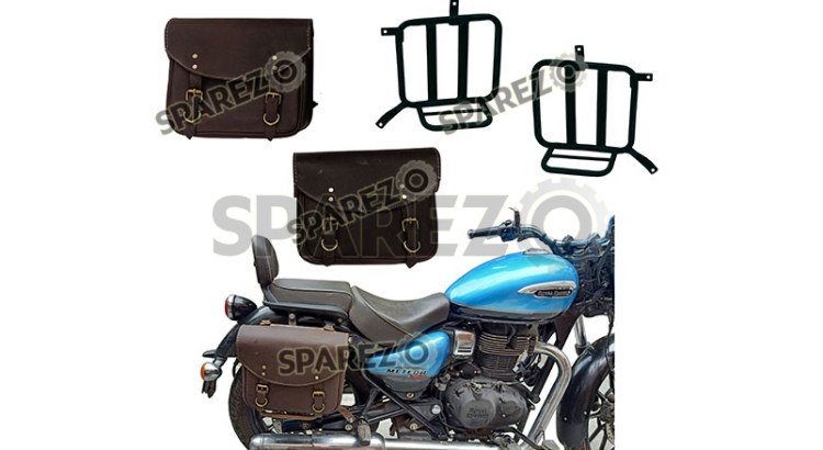 Royal Enfield Meteor 350cc Leather Saddle Bags Rusty Brown With Mounting Pair - SPAREZO