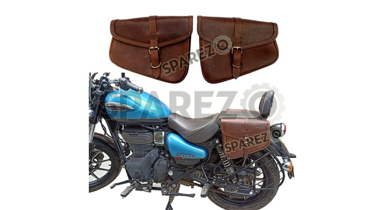 Royal Enfield Meteor 350cc Leather Pannier Bags Pair Brown - SPAREZO