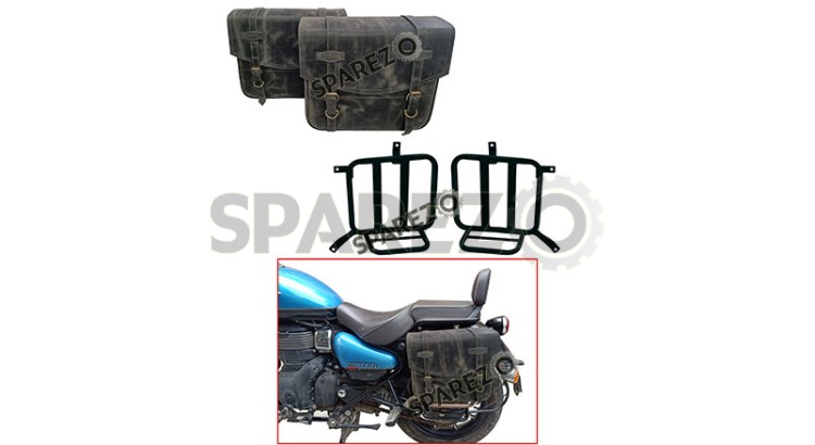 Royal Enfield Meteor 350 Grey Black Leather Bags with Mounting Pair - SPAREZO