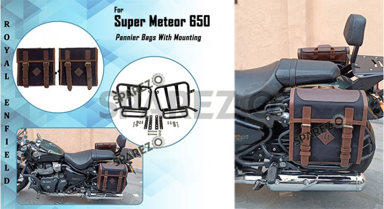 Royal Enfield Super Meteor 650 Canvas Leather Bags With Pannier Mounting Pair - SPAREZO