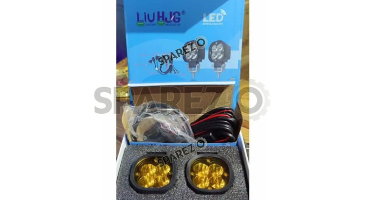 New HJG 4 LED 40W Mini CREE Fog Light Auxiliary Light For All Motorcycles With Wiring Harness Switch and Yellow Filter Cap - SPAREZO