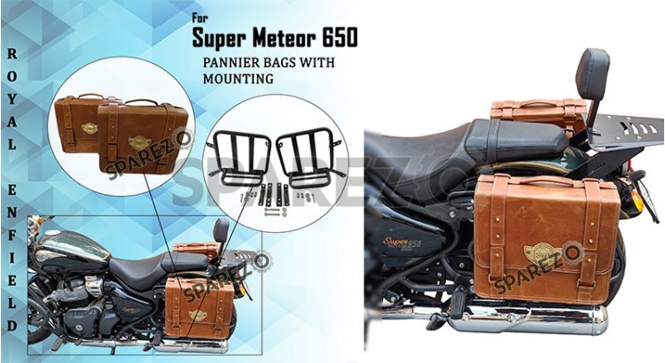 Royal Enfield Super Meteor 650 Tan Brown Leather Pannier Bags With Mounting Pair - SPAREZO