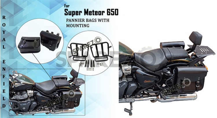 Royal Enfield Super Meteor 650 Glossy Black Leather Pannier Bag and Mounting LH RH - SPAREZO