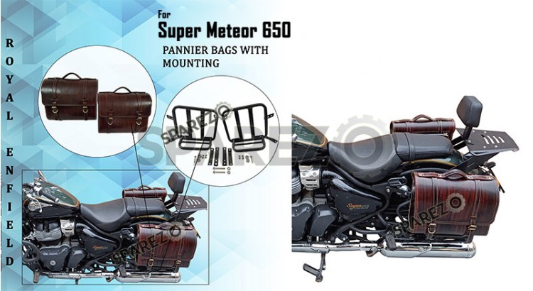 Royal Enfield Super Meteor 650 Antique Brown Leather Pannier Bags and Mounting - SPAREZO