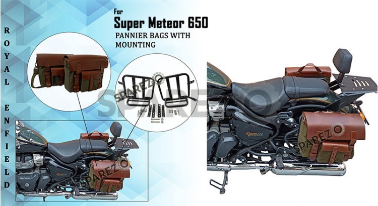 Royal Enfield Super Meteor 650 Olive Canvas Leather Pannier Bags and Mounting - SPAREZO