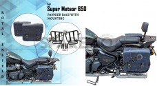 Royal Enfield Super Meteor 650 Navy Blue Leather Pannier Bags and Mounting LH RH - SPAREZO