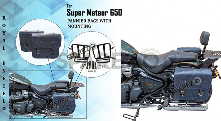 Royal Enfield Super Meteor 650 Navy Blue Leather Pannier Bags and Mounting LH RH - SPAREZO