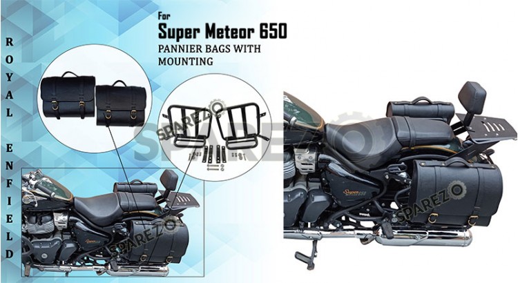 Royal Enfield Super Meteor 650 LH RH Black Leather Pannier Bags Pair and Mounting - SPAREZO