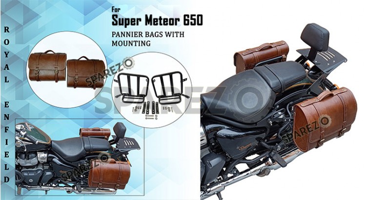 Royal Enfield Super Meteor 650 Brown Leather Bags With Pannier Mounting Pair - SPAREZO
