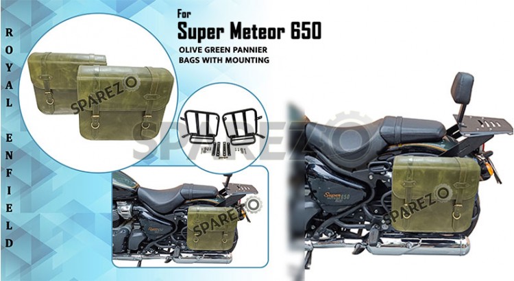 Royal Enfield Super Meteor 650 Olive Green Leather Pannier Bag and Mounting LH RH - SPAREZO